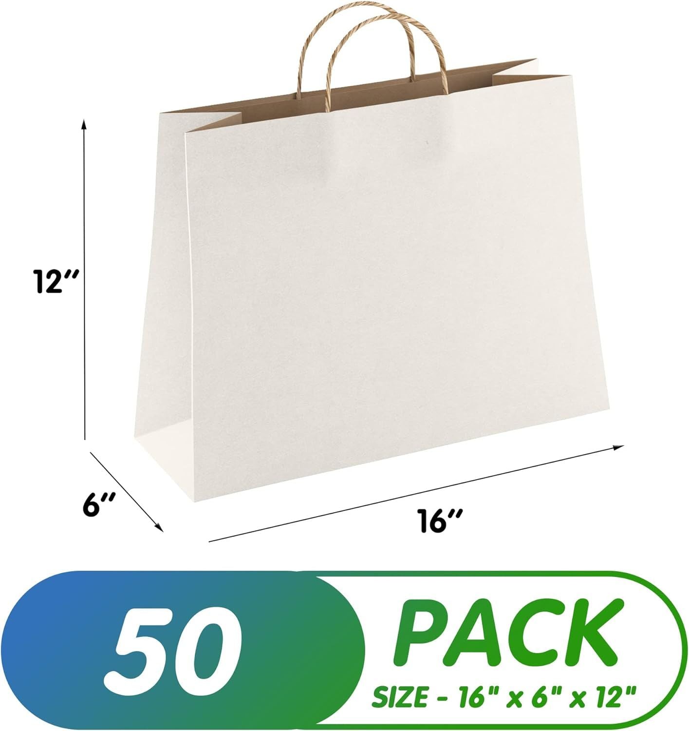 White Shopping Bags with Handles 16" x 6" x 12"; Pack of 50 White Gift Bags with Handles Bulk; 150 GSM White Paper Bags with Handles Bulk; White Bags 