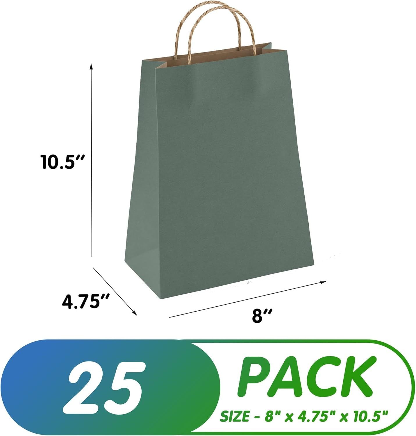 Dark Teal Shopping Bags 8" x 4.75" x 10.5"; Pack of 25 Dark Teal Gift Bags Bulk; 150 GSM Dark Teal Kraft Bags with Handles; Dark Teal Paper Bags with 