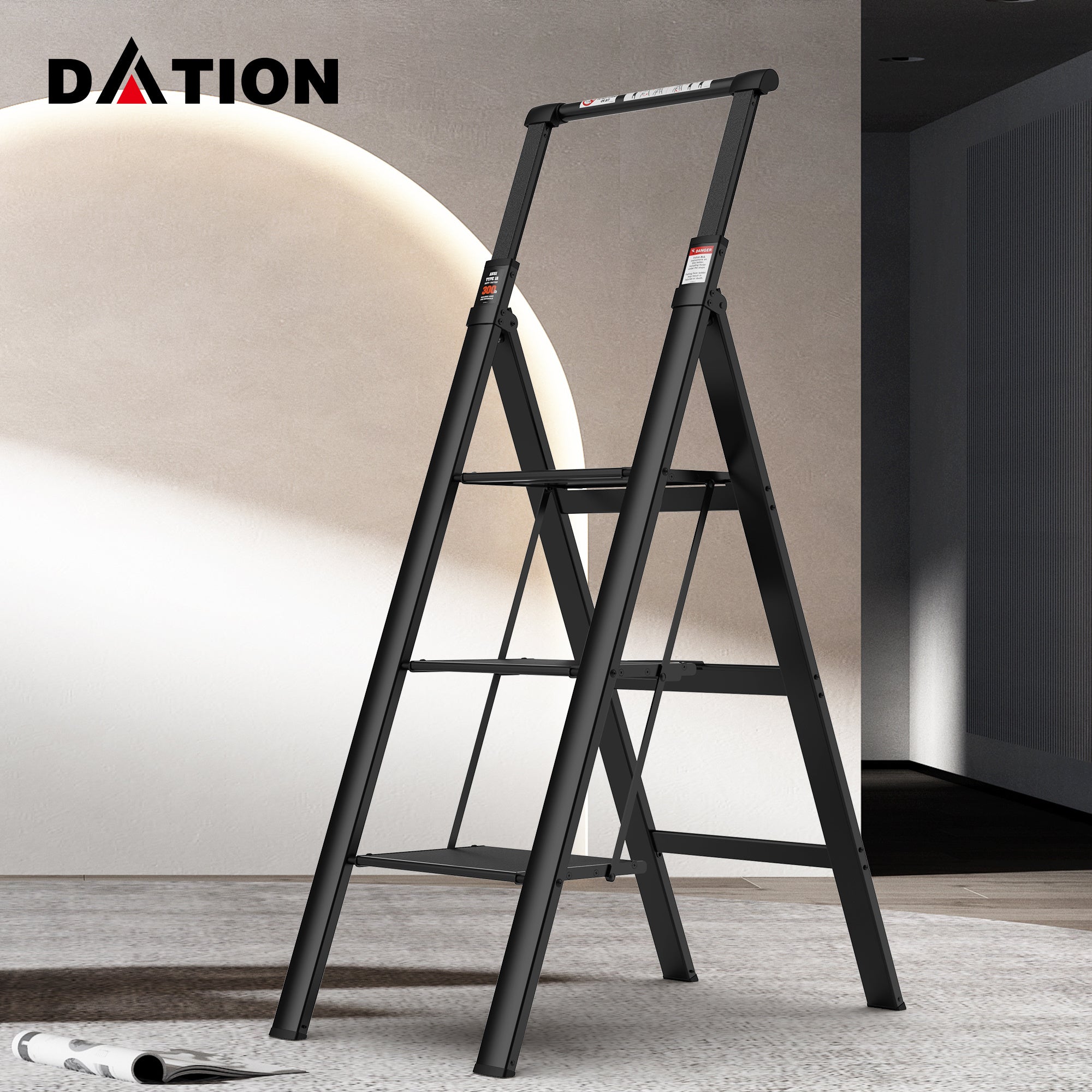 DATION 3 Step Ladder;  Retractable Handgrip Folding Step Stool with Anti-Slip Wide Pedal;  Aluminum Stool Ladders 3 Steps;  300lbs Safety Household Ladder