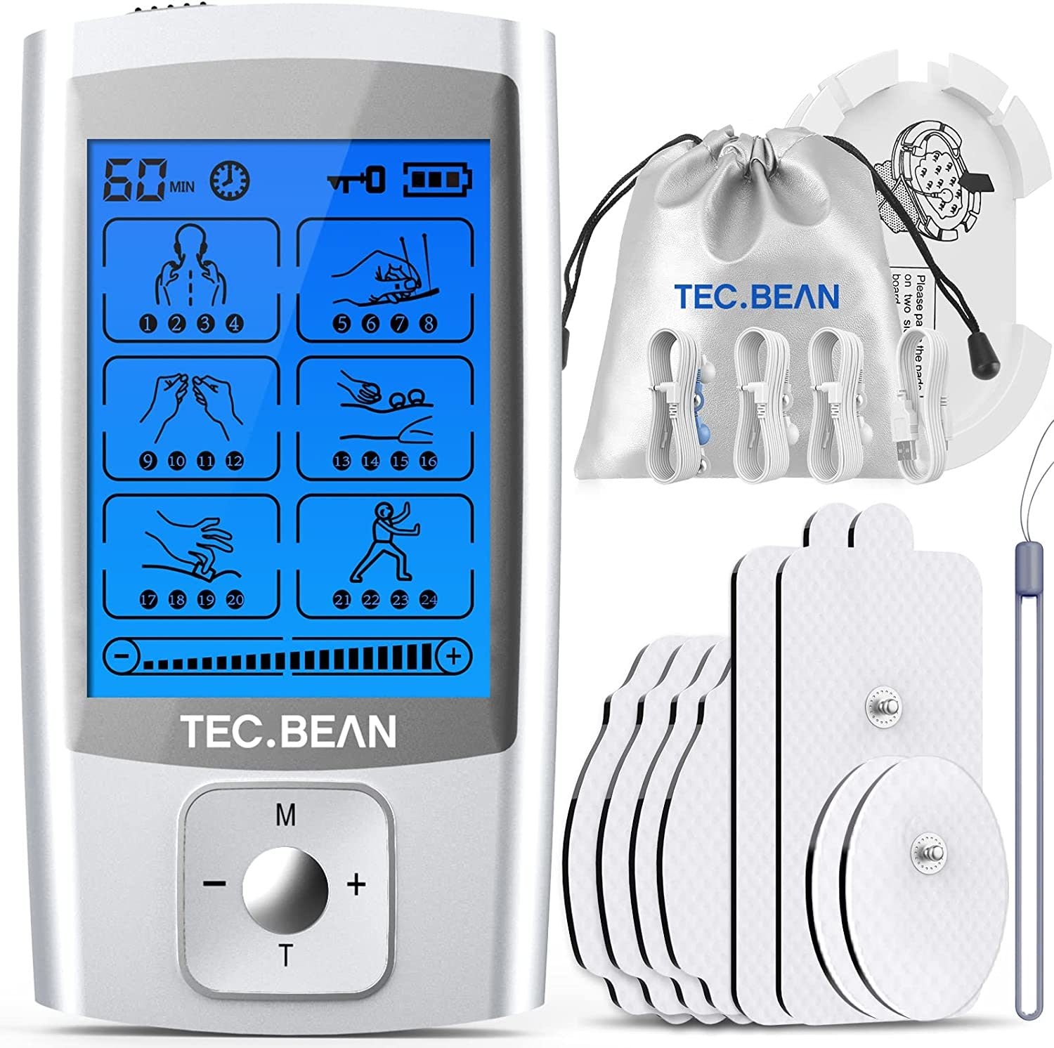 TEC.BEAN 24 Modes TENS Unit Muscle Stimulator;  Rechargeable TENS Machine with 8 Electrode Pads (American Gel);  Electric Pulse Massager for Pain Relief Therapy