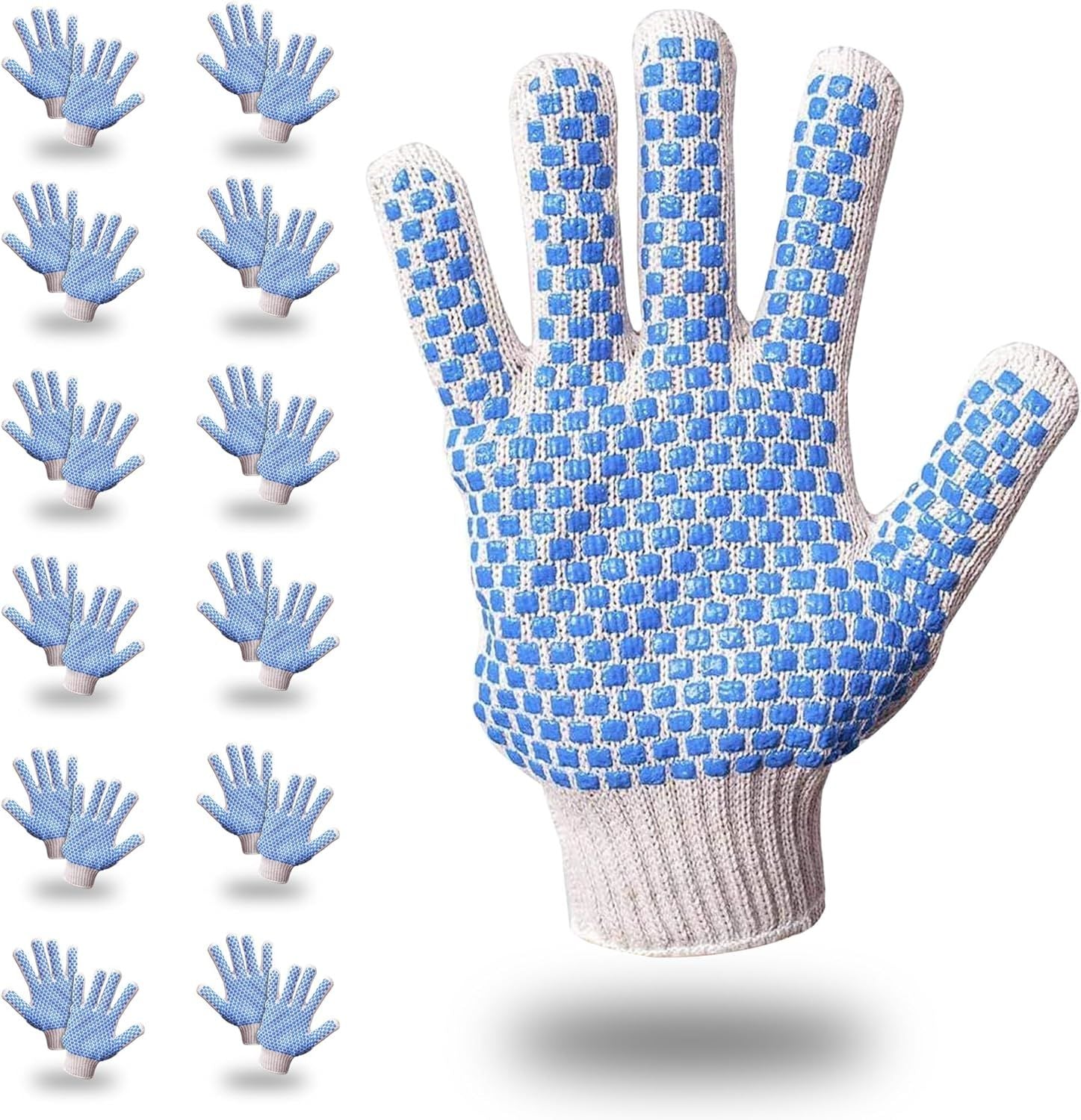 Pack of 288 String Knit Gloves with Blue Blocks on Two Sides L size Knitted Cotton Polyester Gloves for General Purpose. Protective Gloves with Blue PVC block pattern. Medium Weight Gloves.