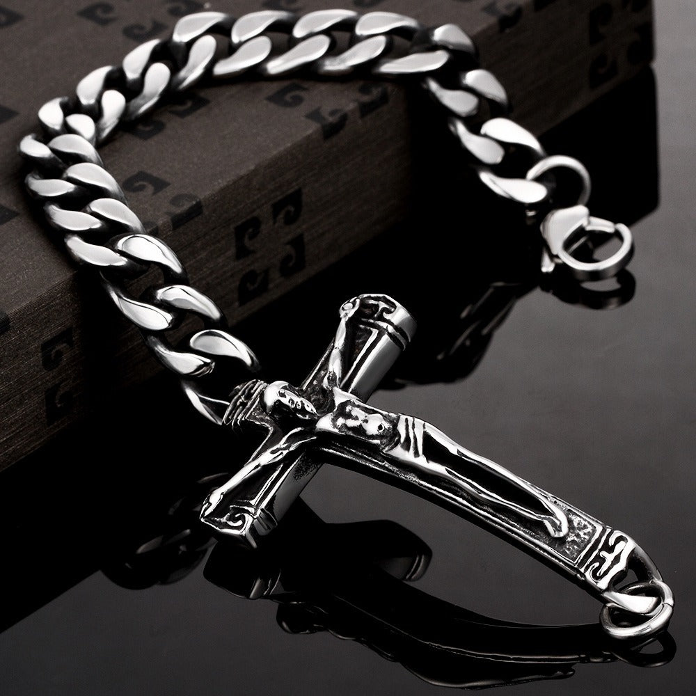 Classic Plated  Silver Color Religious Jesus Cross Bracelet for Men Cuban Chain Bracelet Trend Casual Jewelry