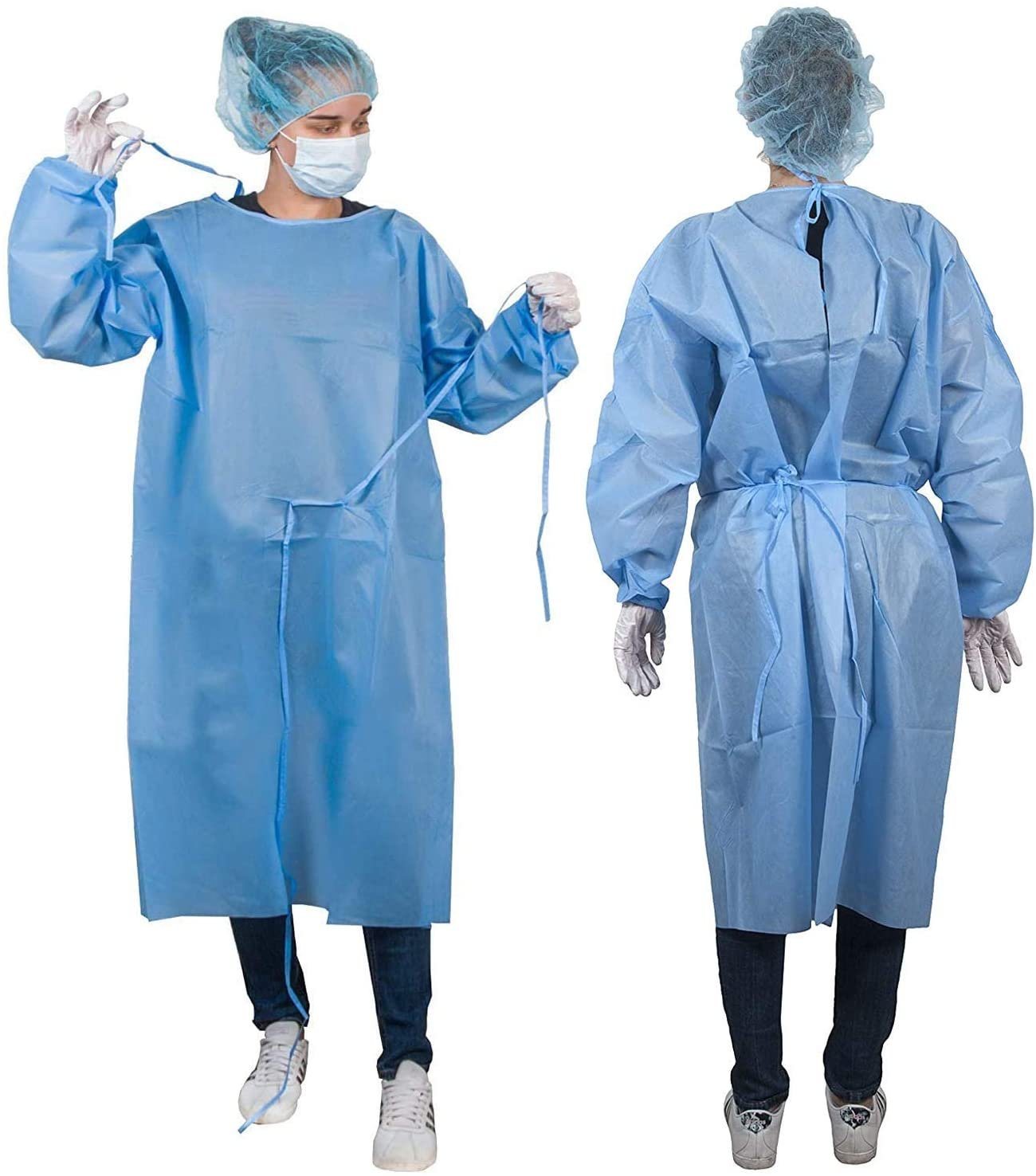 Pack of 25 Blue SMS Coveralls with Hood; Elastic Cuffs; Ankles; Waist; Zipper. X-Large Industrial Unisex Disposable PPE Clothing for Cleaning; Painting. Full Body Protective Suits in Bulk.