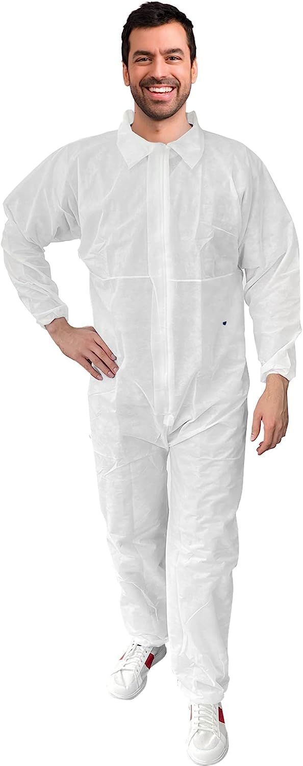 Disposable SF Coveralls 66" Long. Pack of 40 White Laminated PP 60 gsm Full Body Protective Suits with Elastic Wrists; Zipper. Adult Large PPE Clothing for Painting. Unisex Workwear in Bulk.