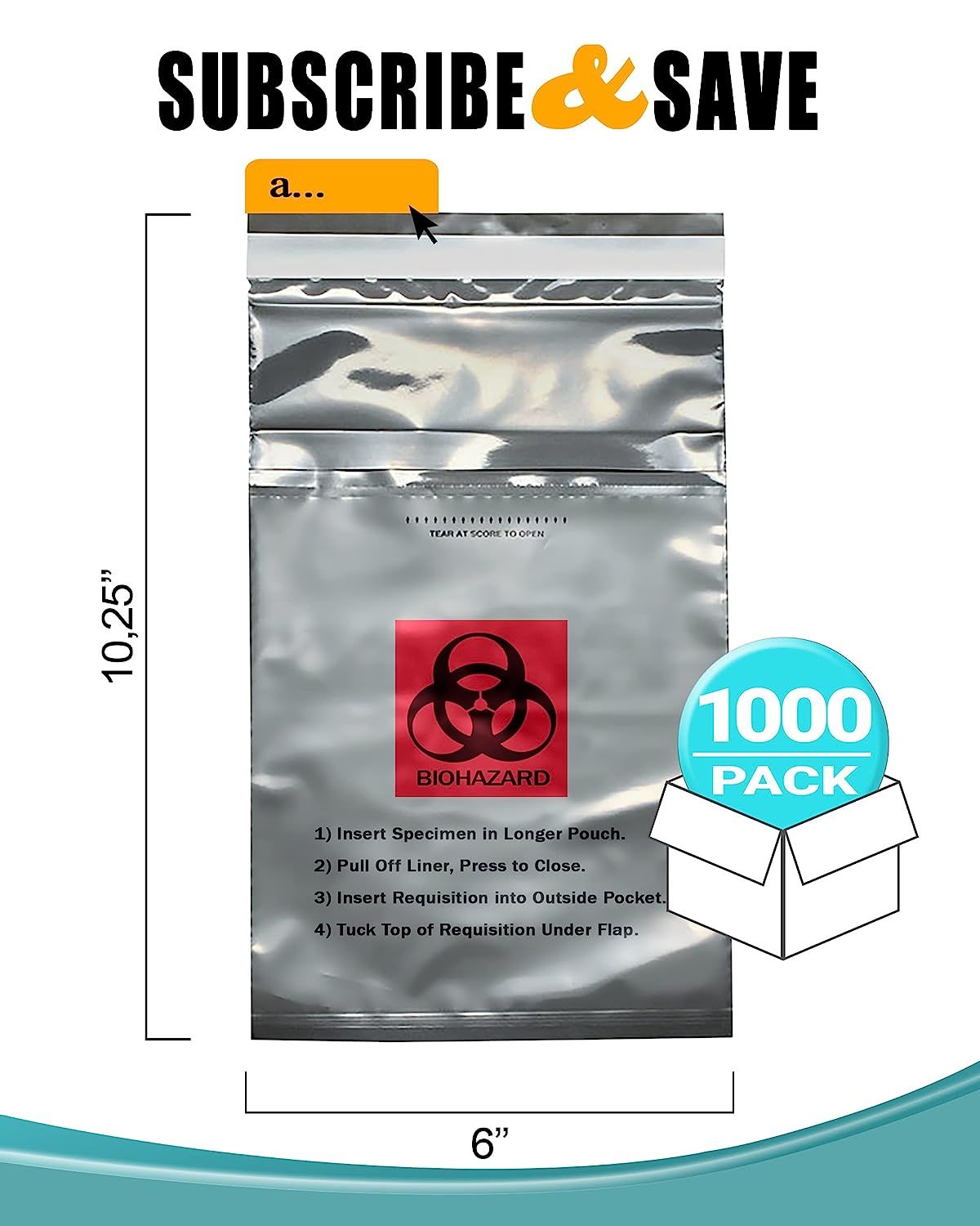 Pack of 1000 Specimen Transfer Bags 6 x 10 1/4. Opaque Seal Top Bags 6 x 10.25 Printed Biohazard 2 mil. Adhesive Closure. Polyethylene Bags for Health
