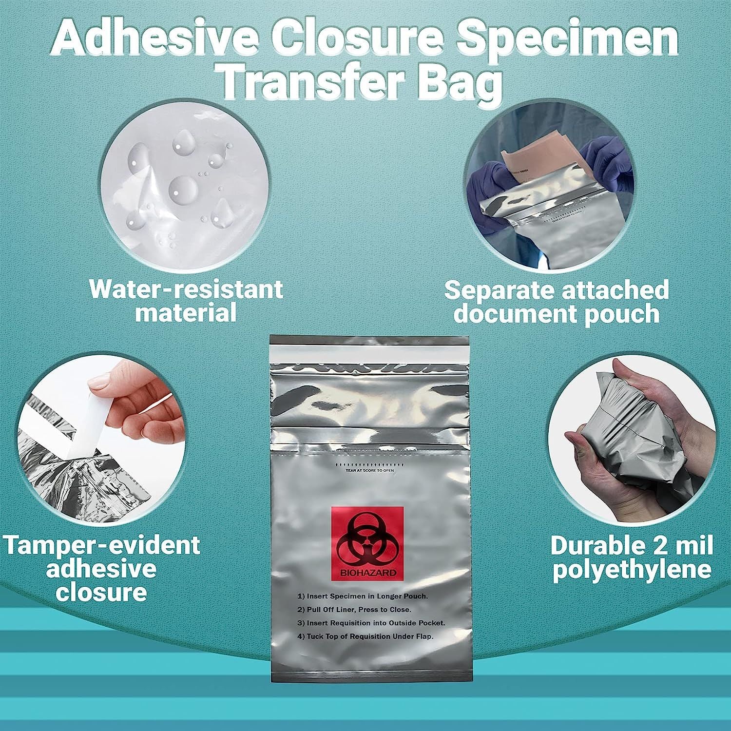 Pack of 1000 Specimen Transfer Bags 6 x 10 1/4. Opaque Seal Top Bags 6 x 10.25 Printed Biohazard 2 mil. Adhesive Closure. Polyethylene Bags for Health