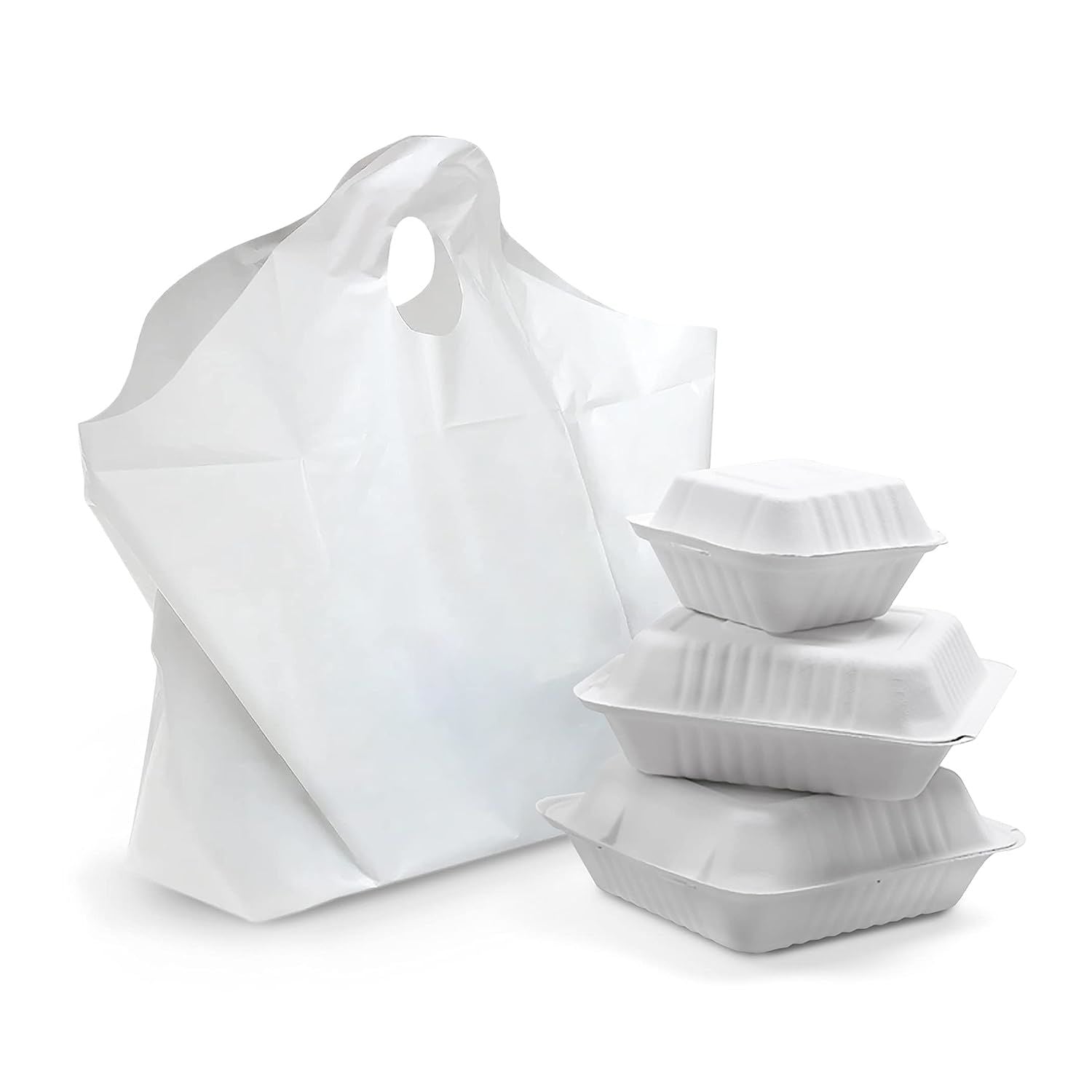 500 Pack Wave Handle Take-Out Food Bags 18' L; 16' H; 9 x 9 Bottom Size. White Color. Houseables Merchandise Bags; Retail Shopping Goodie Plastic Bags