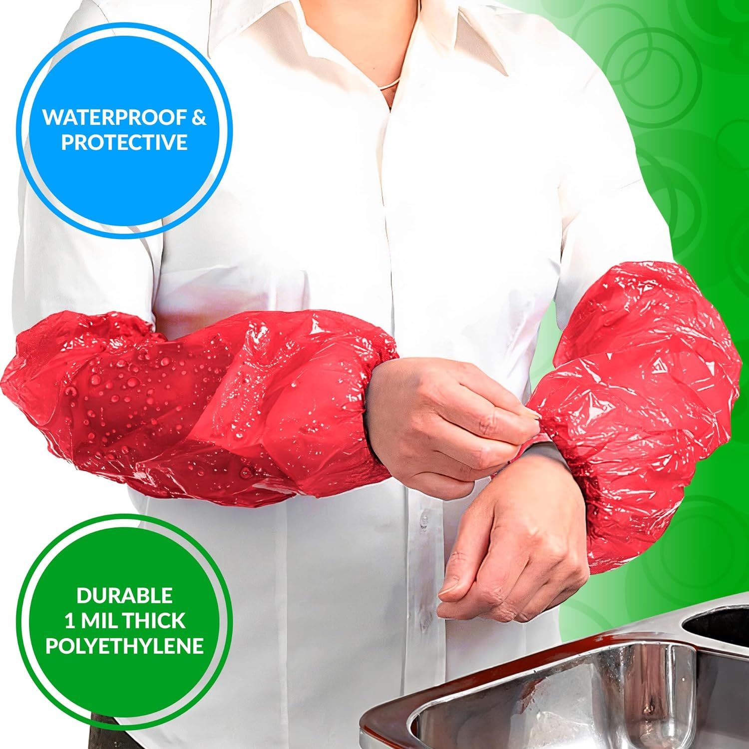 2000 Pack Red PE Oversleeves 18' size. Polyethylene Disposable Sleeves 1 Mil Thickness. Machine made Industrial Oversleeves with Elasticated Wrist; El