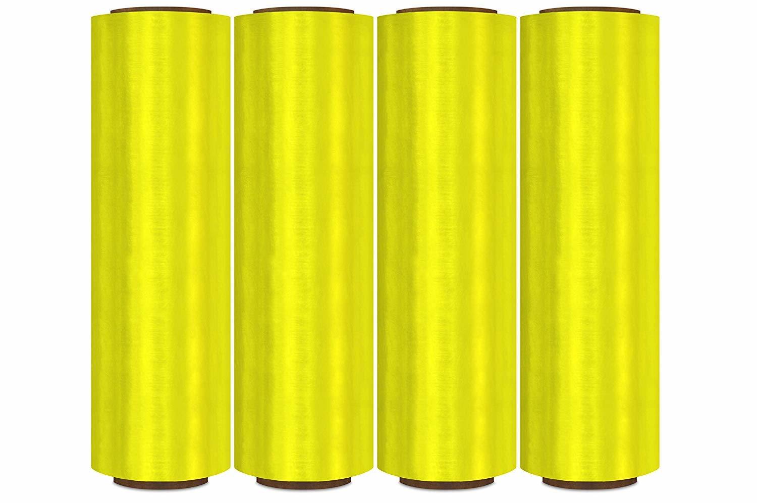 4 Rolls of Blown Hand Stretch Film 18" x 1500'. Yellow Hand Stretch Wrap; 80 Gauge. Tear Resistant Residue Free Film for Moving; Shipping; Wrapping. Industrial Grade Pallet Shrink Wrap Film.