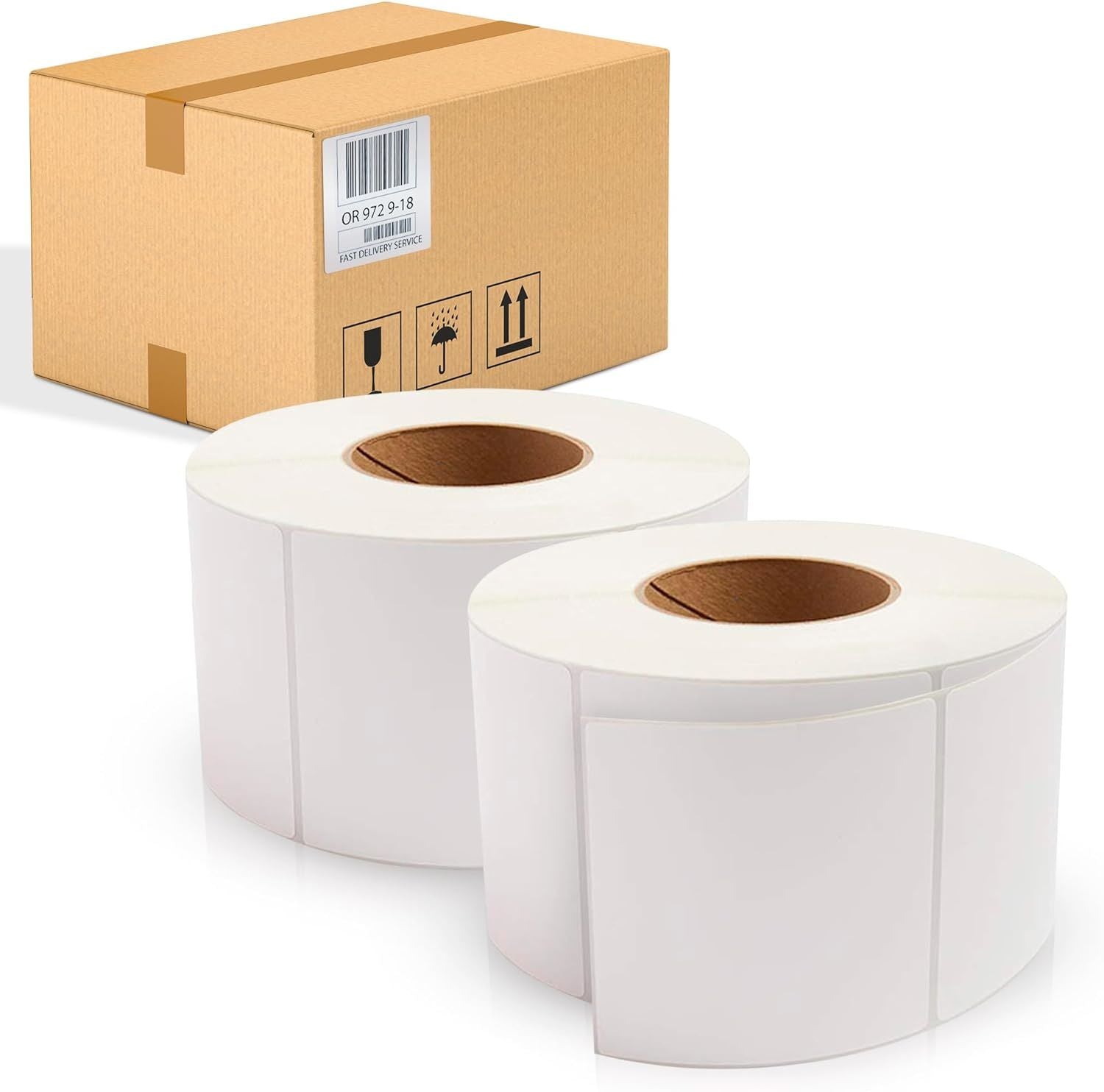 8600 Pack of Thermal Transfer Labels 4" x 4" Nonperforated 12" OD. Thermal Shipping Label with 3" core. Self-Adhesive Rolls. Mailing Postage. Printing