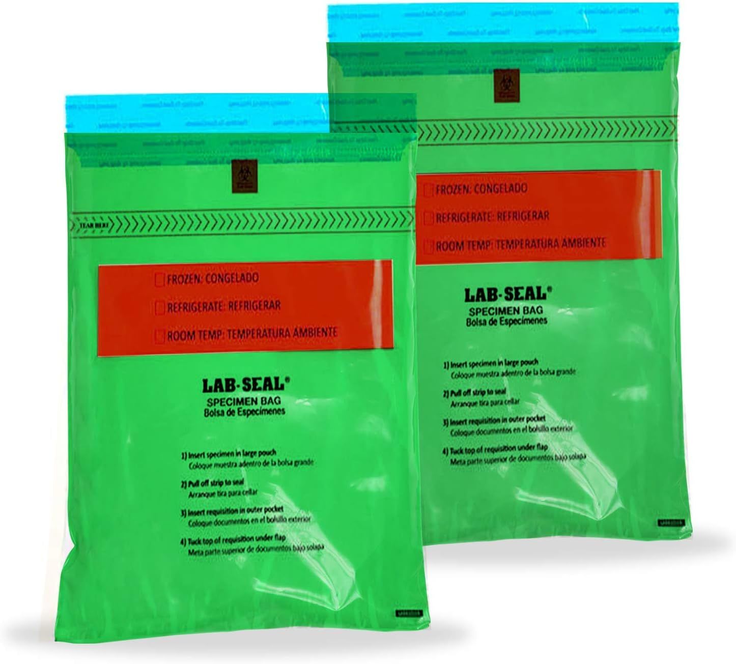 Pack of 1000 Tamper-Evident Specimen Bags; Green 6 x 10. Printed Polyethylene Bags 6x10. Pull Tab Adhesive Closure 1.80 mil Thick. Removable Biohazard