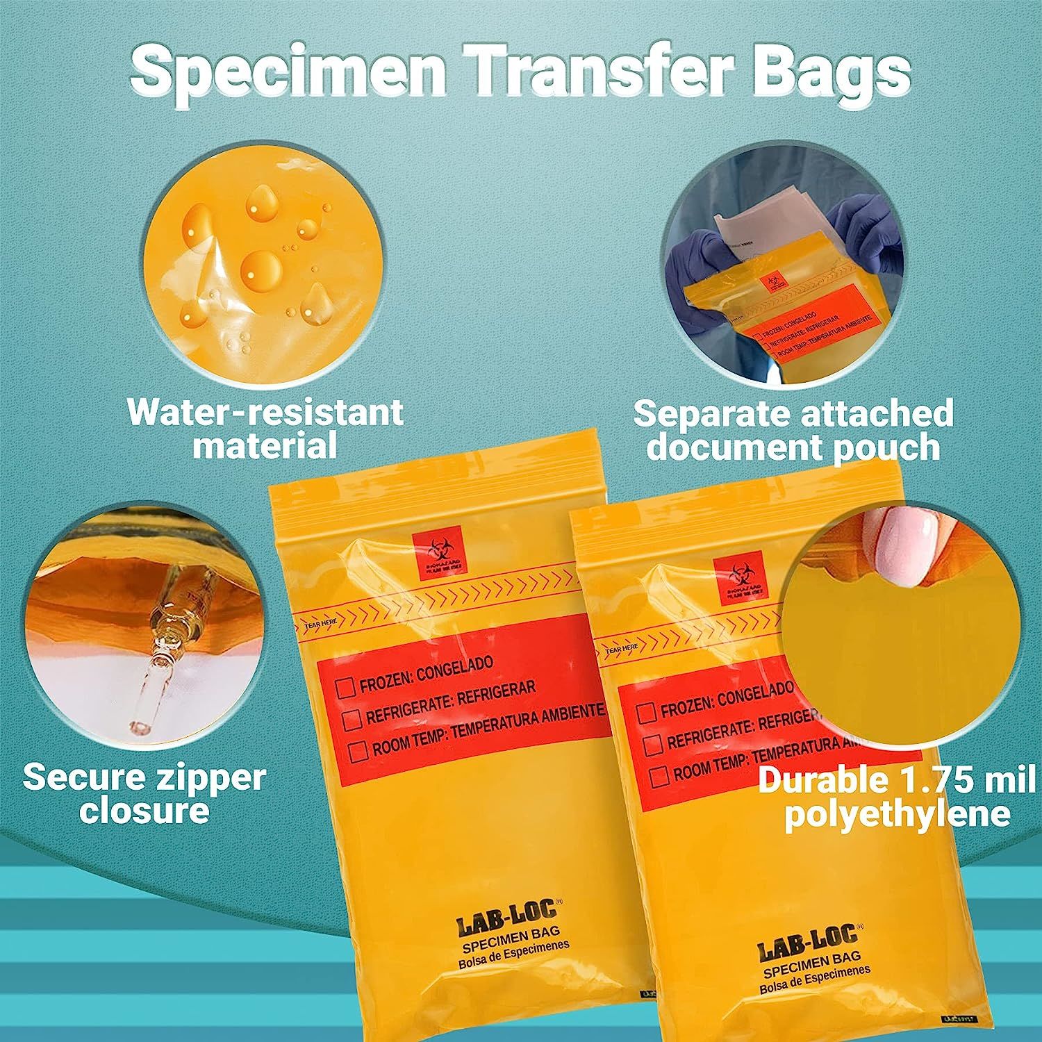 Pack of 1000 Specimen Transfer Bags; Orange 6 x 9. Zipper Polyethylene Bags 6x9. Seal Top Plastic Bags; 1.75 mil for Health needs. Great for Infirmari