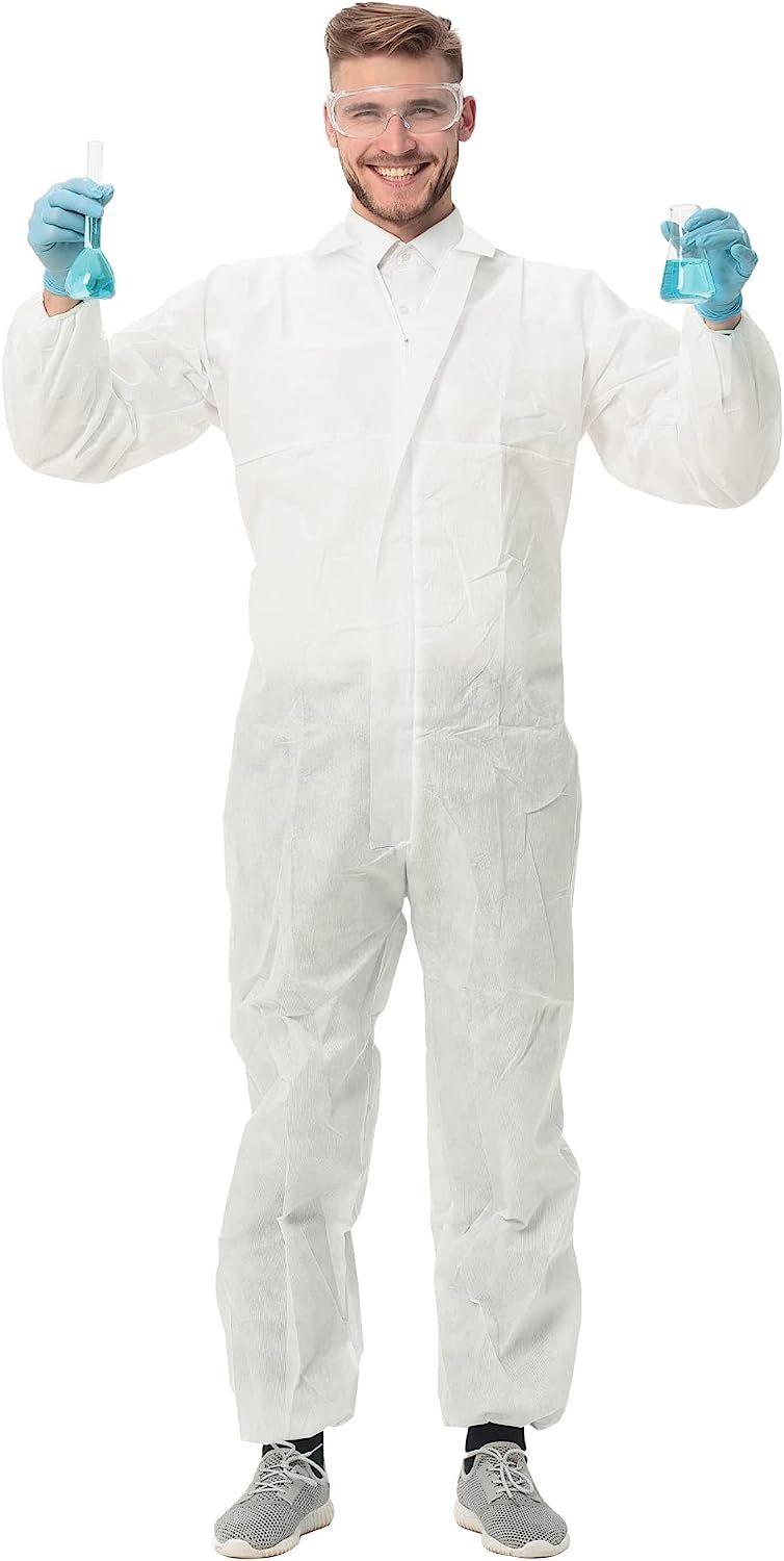 Disposable Coverall White. Adult Hazmat Suit X-Large; 70 gm/m2 Polypropylene Protective Suit with Front Zipper Entry; Open Cut Wrists; Ankles. Unisex Paint Suit