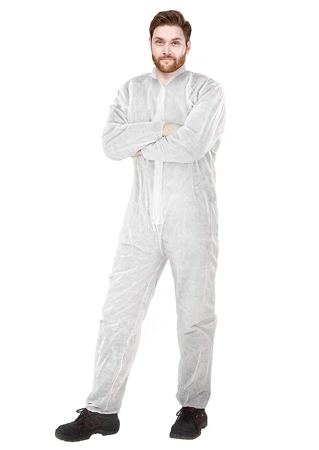 Disposable Coveralls 66" Long. Pack of 25 White Adult Industrial PPE Workwear Large. Unisex Polypropylene 50 gsm Full Body Protective Suits with Elastic Wrists & Ankles; Zipper in Bulk.