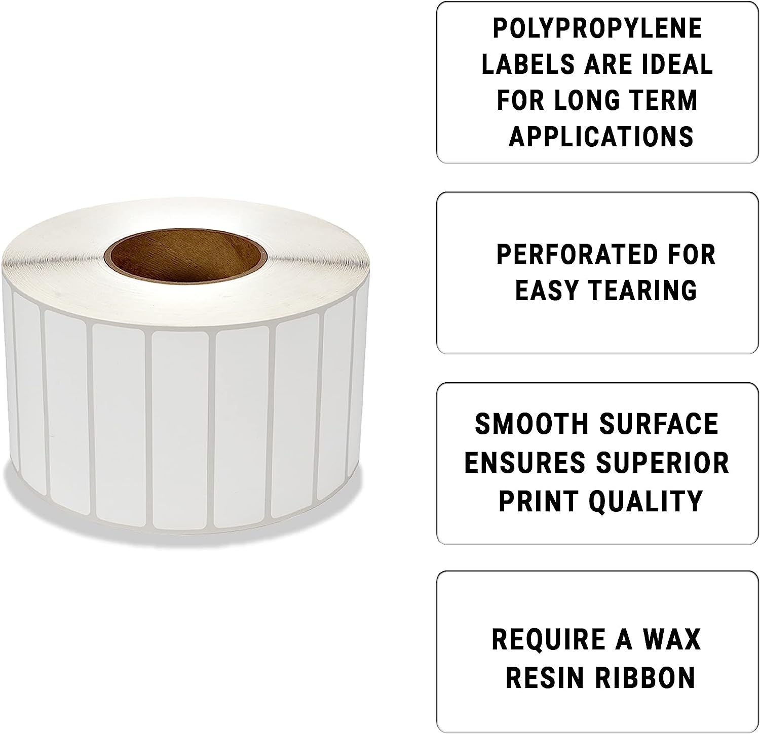 White Thermal Transfer Labels 4" x 1" Polypropylene. Pack of 21740 Perforated Thermal Shipping Labels with 3" core. Self-Adhesive Rolls. Mailing Print