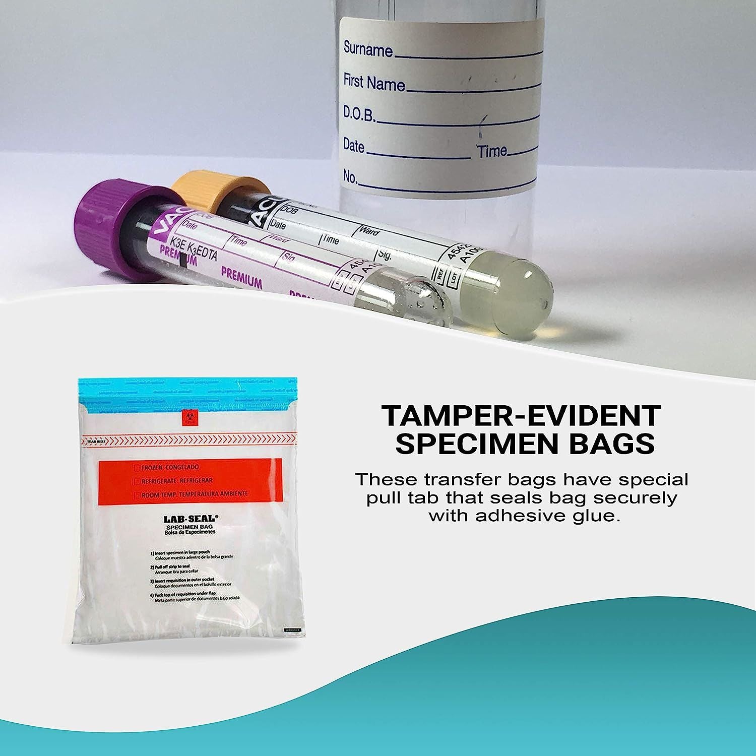Pack of 1000 Tamper-Evident Specimen Bags; Clear 10 x 10. Printed Polyethylene Bags 10x10. Pull Tab Adhesive Closure 1.80 mil Thick. Removable Biohaza