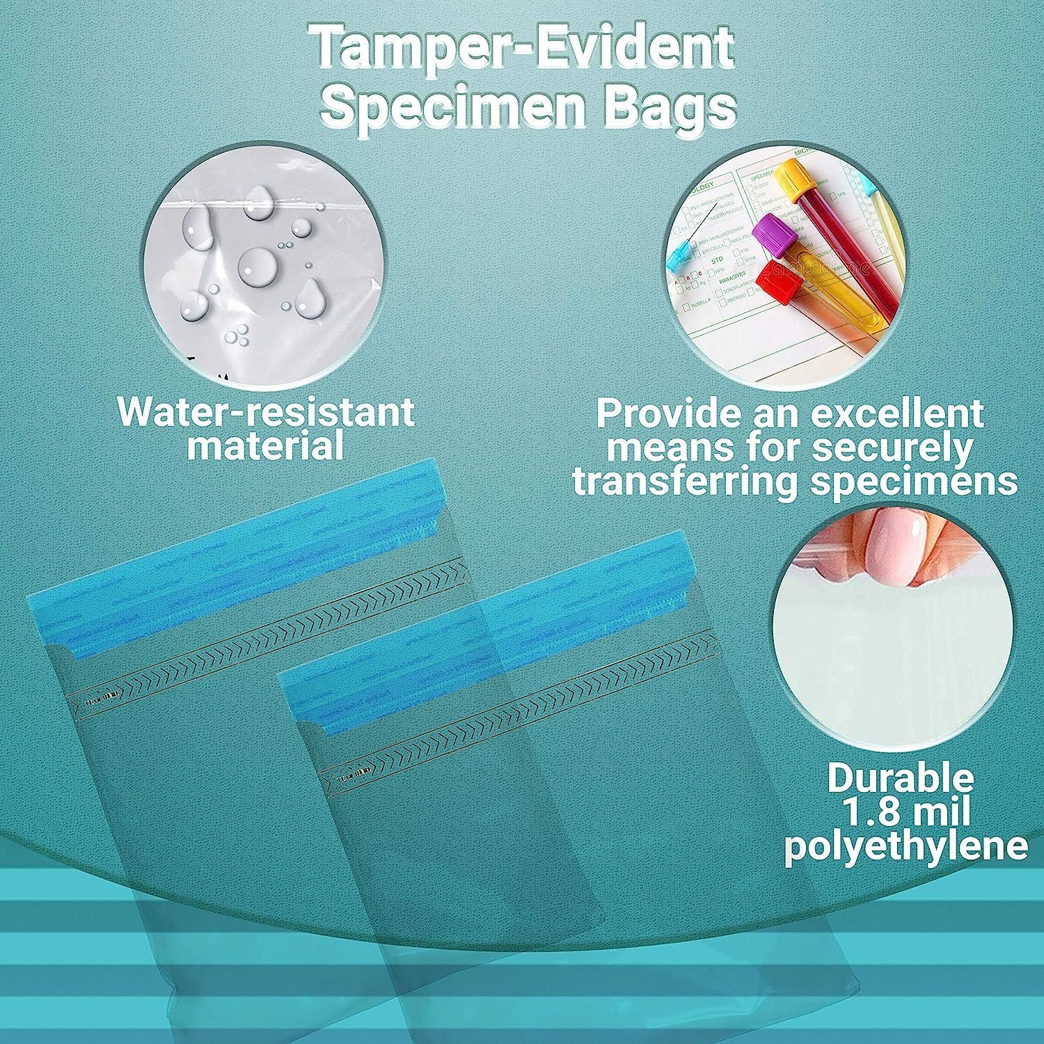Pack of 1000 Tamper-Evident Specimen Bags; Clear 10 x 10. Printed Polyethylene Bags 10x10. Pull Tab Adhesive Closure 1.80 mil Thick. Removable Biohaza