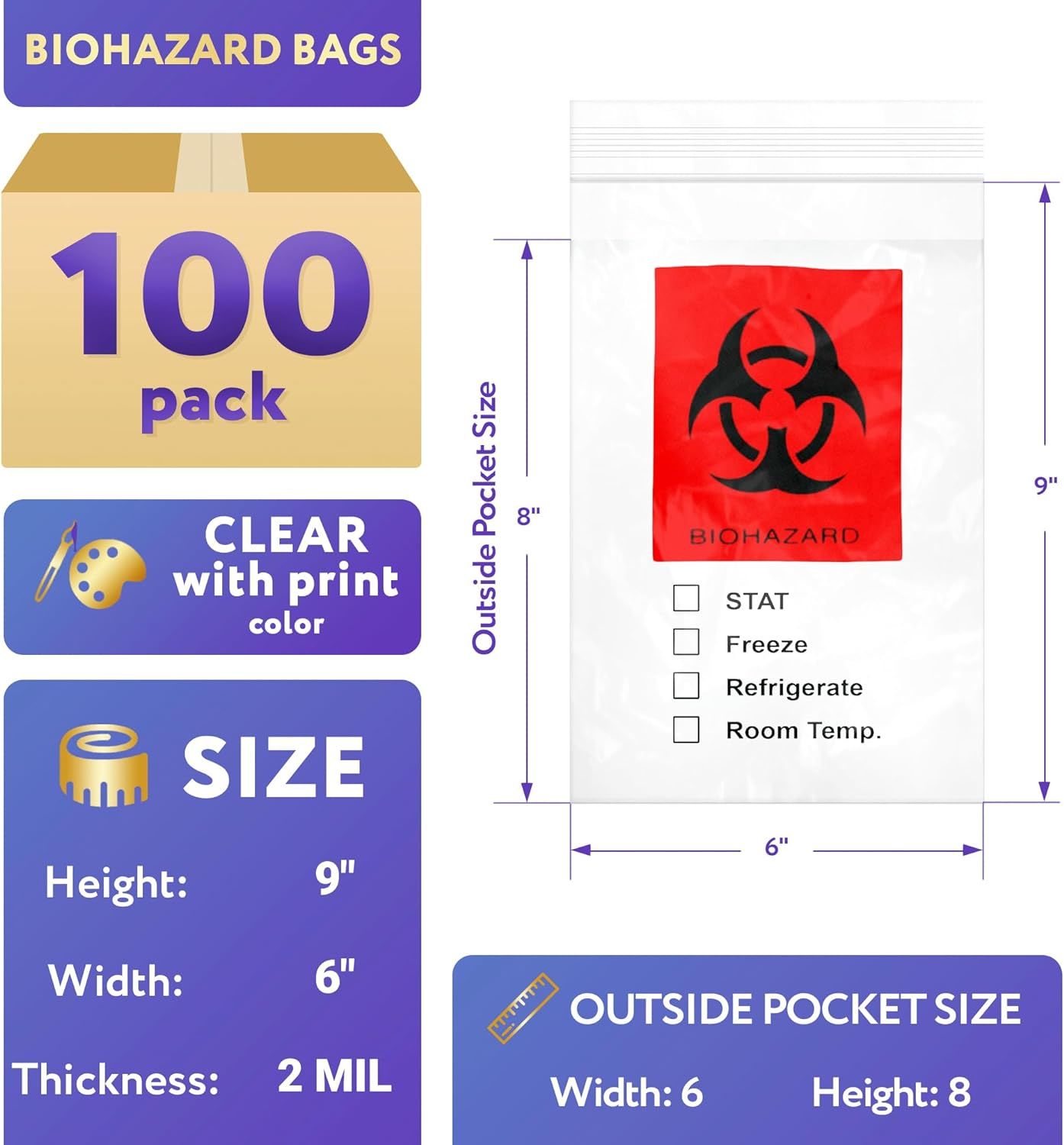 3 Wall Clear Specimen Bags 6 x 9; Polyethylene Red Biohazard Bags Pack of 100; Resealable Bags for Packaging 2 Mil; Waterproof and Durable Sample Bags