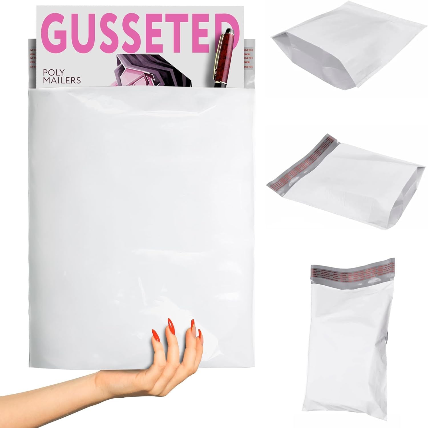 Gusseted Poly Mailers 10 x 13 x 2; Pack of 100 White Poly Shipping Bags; 2.5 Mil Plastic Mailers for Clothing; Expandable Poly Mailer Bag; Waterproof Plastic Mailing Bags for Shipping; Storage