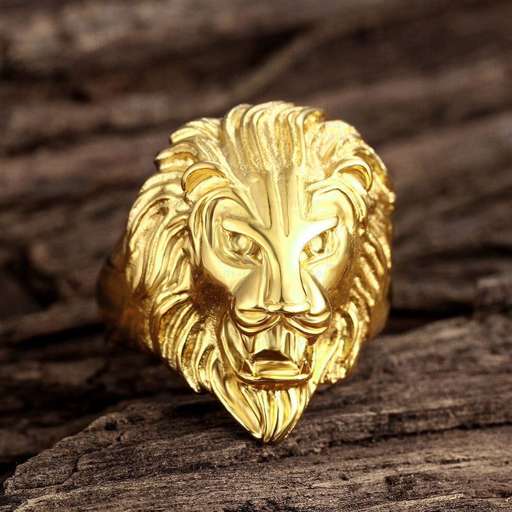 Plated Gold Lion Head Ring for Men Fashion Finger Jewelry Biker Ring