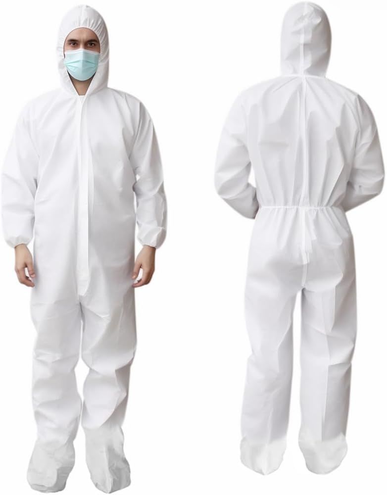 Disposable Coveralls with Hood; Boots; Elastic Wrists; Pack of 5 X-Large White Hazmat Suits Disposable; SMS 60gsm White Paint Coveralls Disposable; Waterproof Hazmat Suit Costume