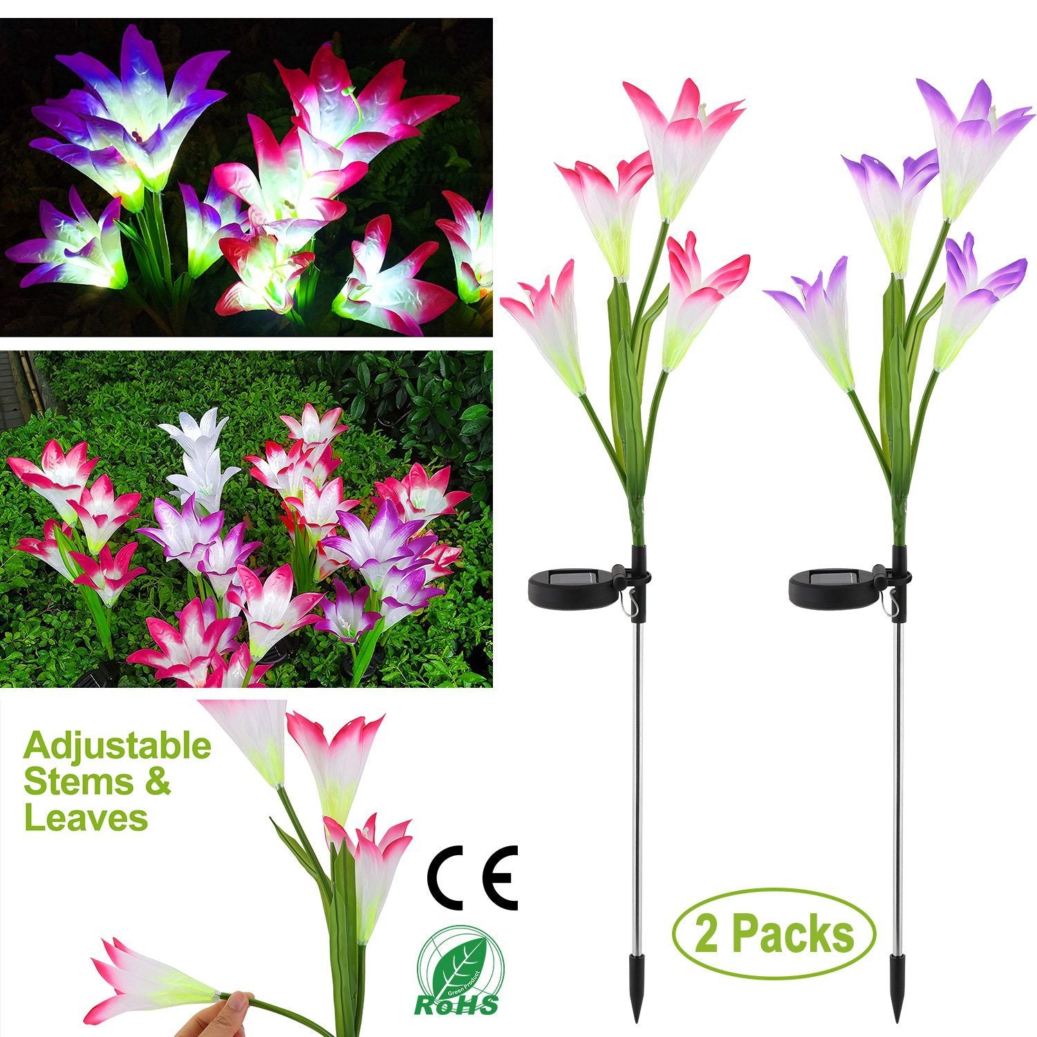 2Pcs Solar Garden Lights Outdoor Lily Flower LED Light 7-Color Changing IP65 Waterproof