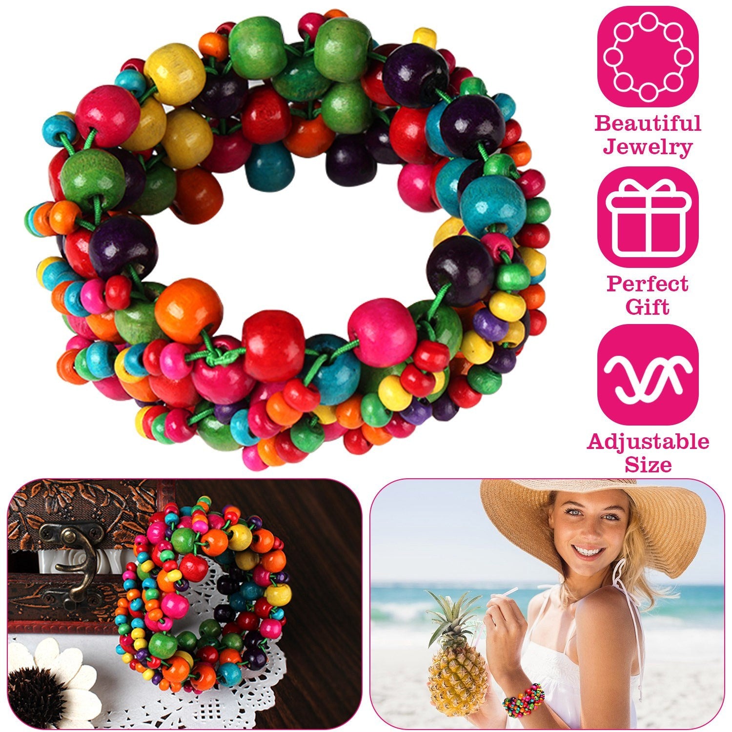 Multi-Color Wooden Beaded Stretchy Bracelet Colorful Exotic Style Elastic Bracelets For Women Girls Children