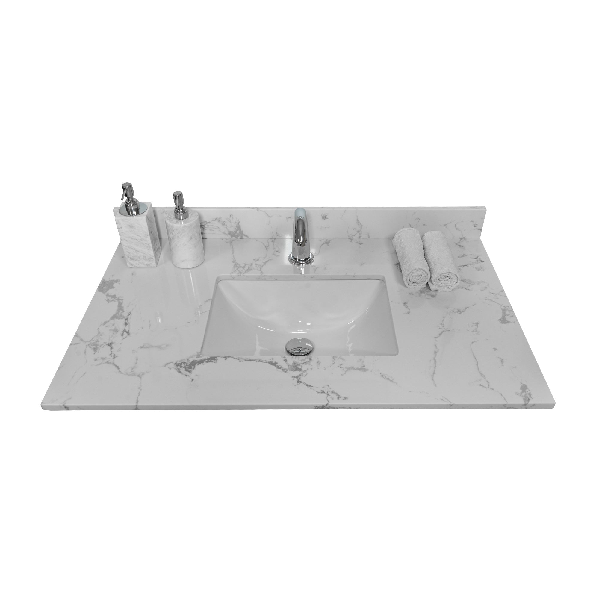 31inch bathroom stone vanity top engineered white marble color with undermount ceramic sink and single faucet hole with backsplash