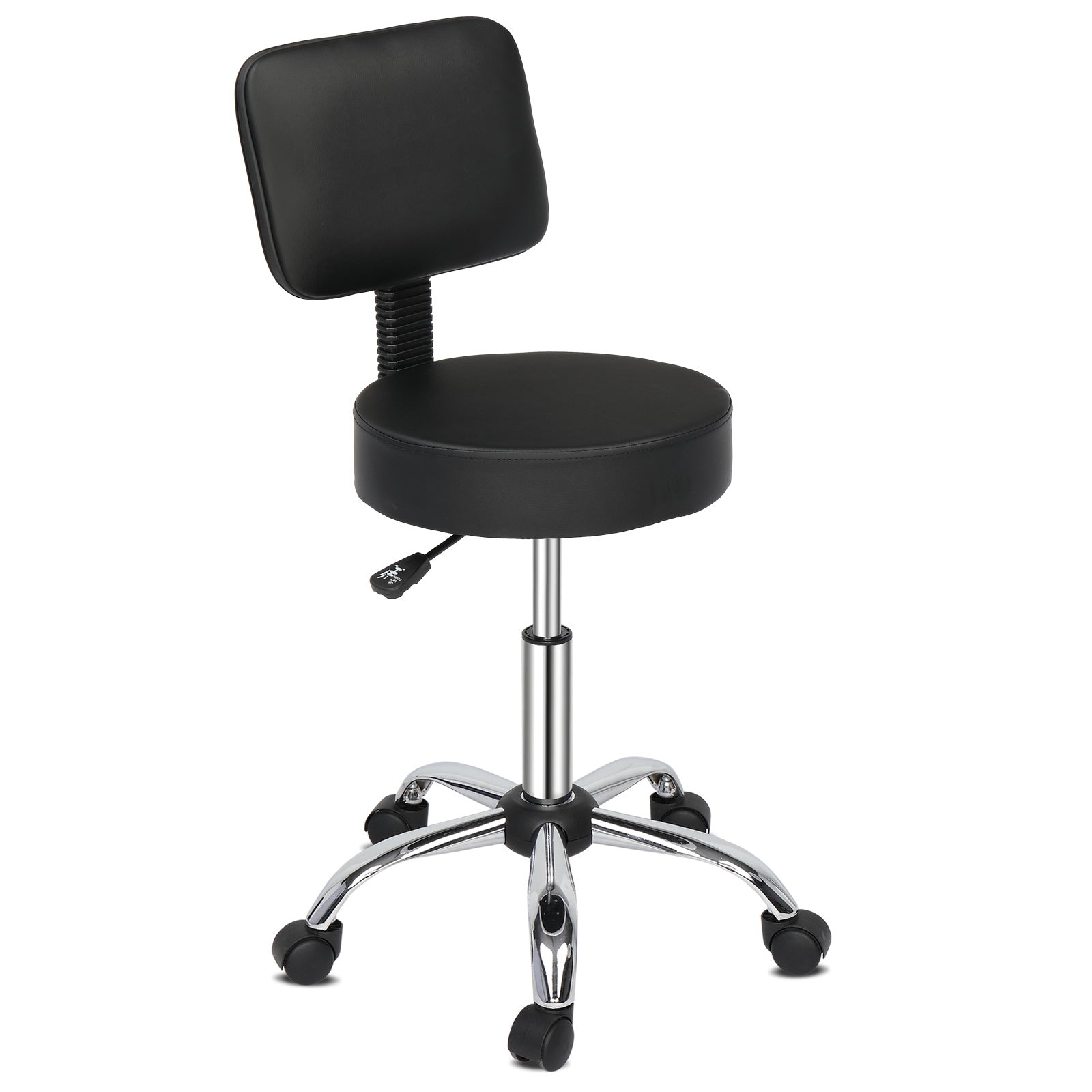 Semi-PU Leather Nylon Wheel 300lbs Round Stool With Backrest Plating Five-Star Feet Technician Stool Black RT