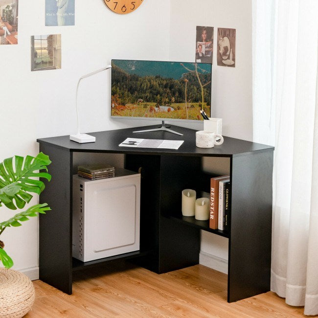 Corner Computer Desk Triangle Writing Workstation with Storage Shelf