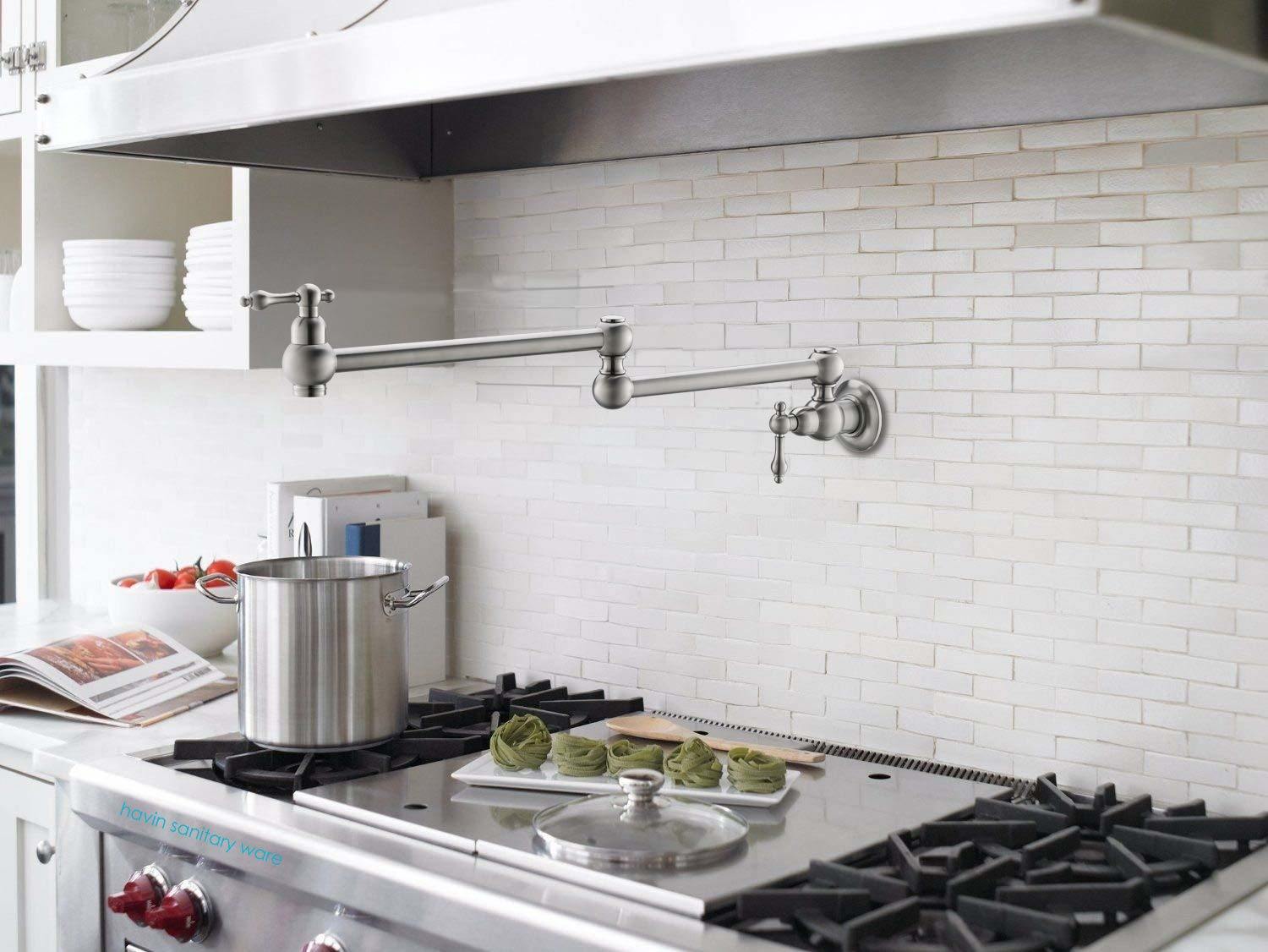 Pot Filler Faucet Wall Mount; with Double Joint Swing Arms Brushed Nickel