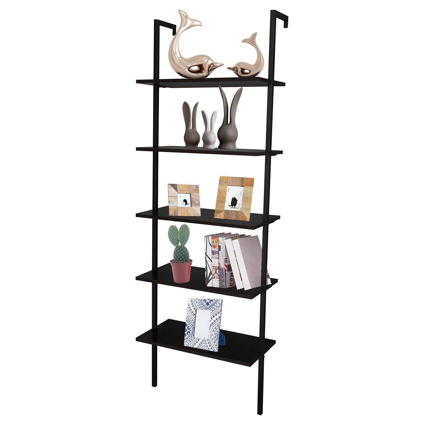 5-Shelf Wood Ladder Bookcase with Metal Frame Industrial 5-Tier Modern Ladder Shelf