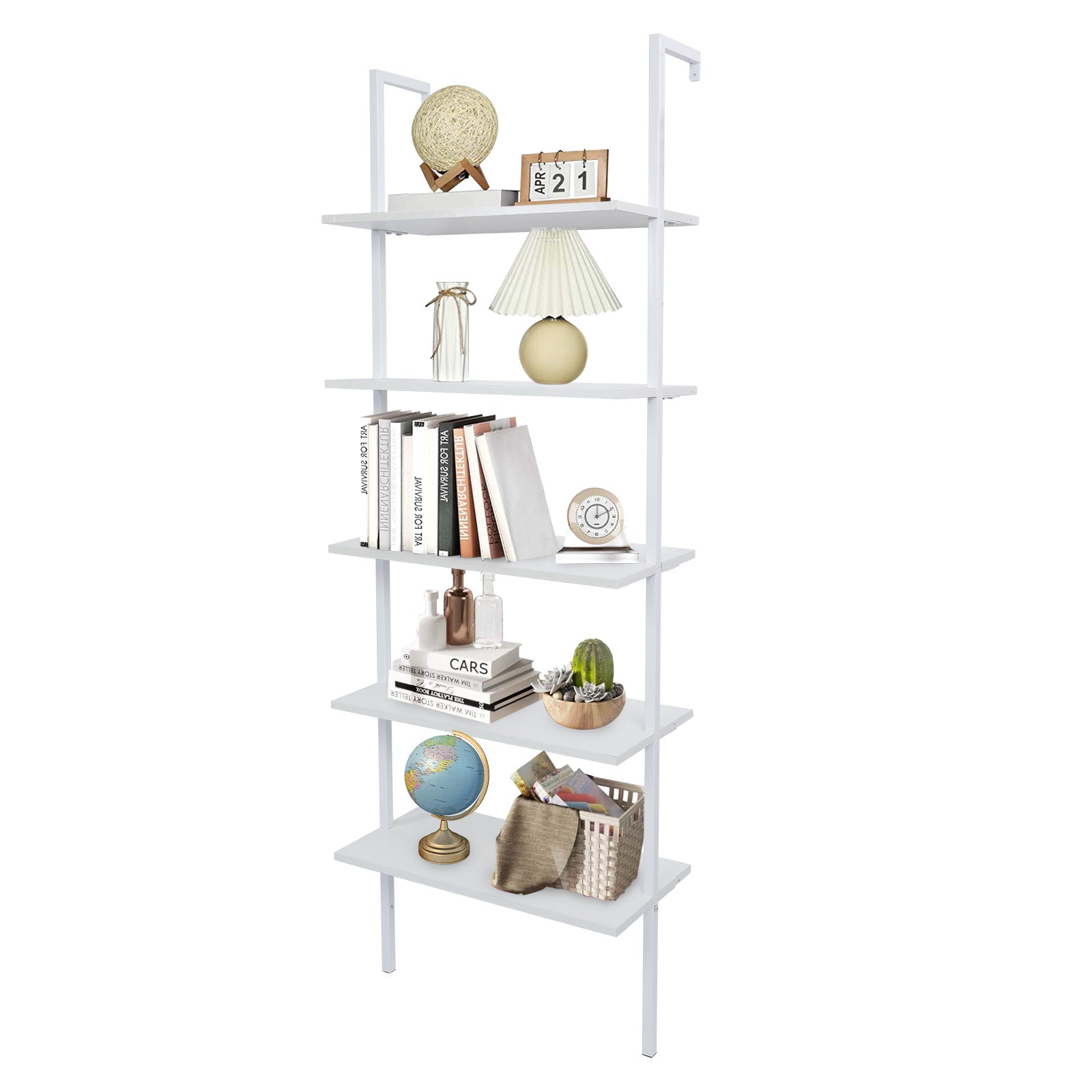 5-Shelf Wood Ladder Bookcase with Metal Frame Industrial 5-Tier Modern Ladder Shelf