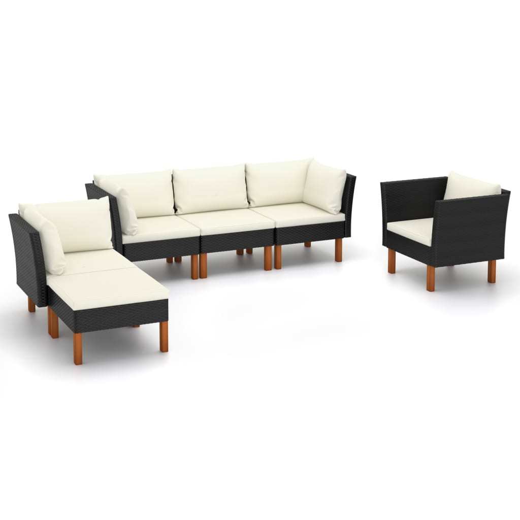 6 Piece Patio Lounge Set Poly Rattan and Eucalyptus Wood Black