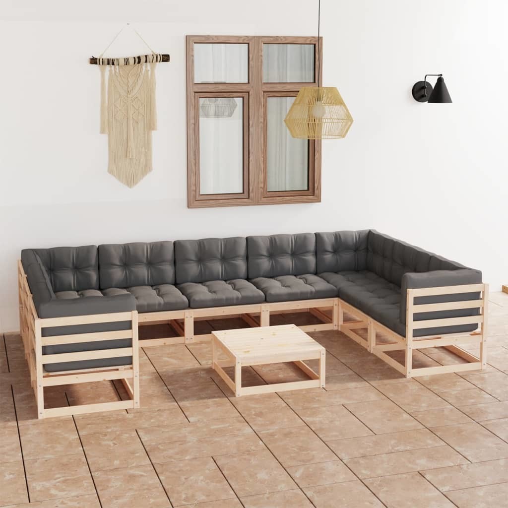 10 Piece Patio Lounge Set with Cushions Solid Wood Pine