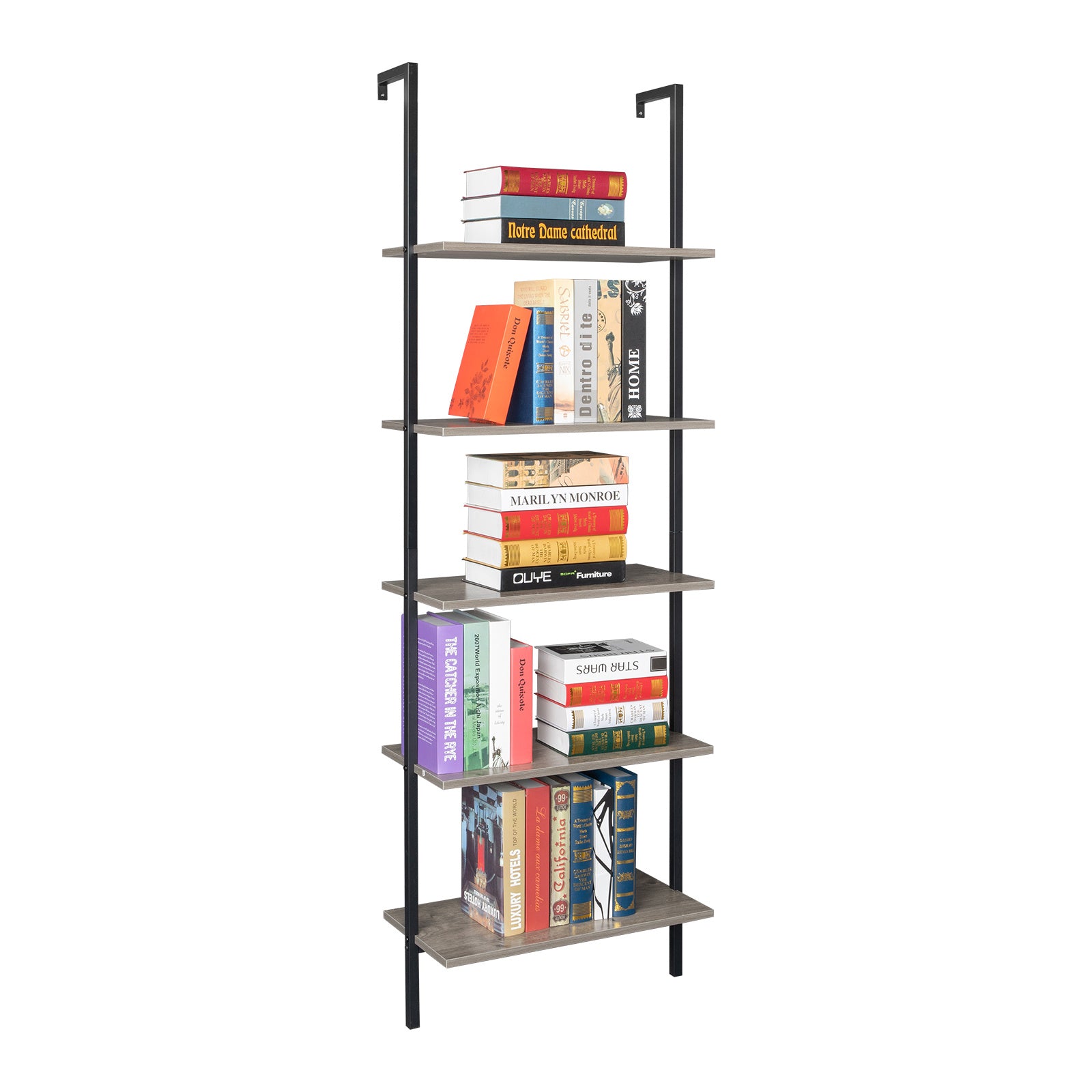 5-Shelf Wood Ladder Bookcase with Metal Frame, Industrial 5-Tier Modern Ladder Shelf Wood Shelves,Gray YJ