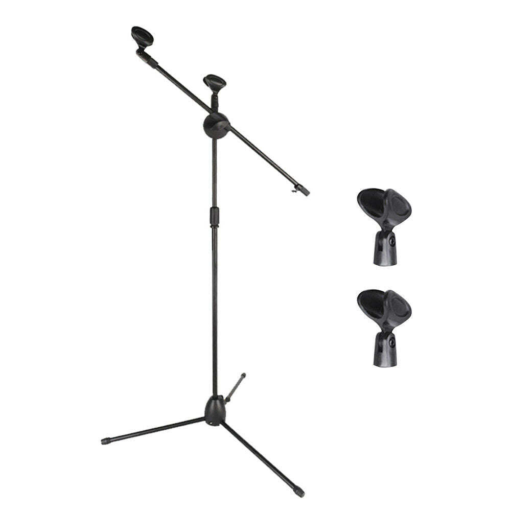 Tripod Boom Microphone Stand 360 Rotating Adjustable Metal Holder w/ 2 Mic Clip