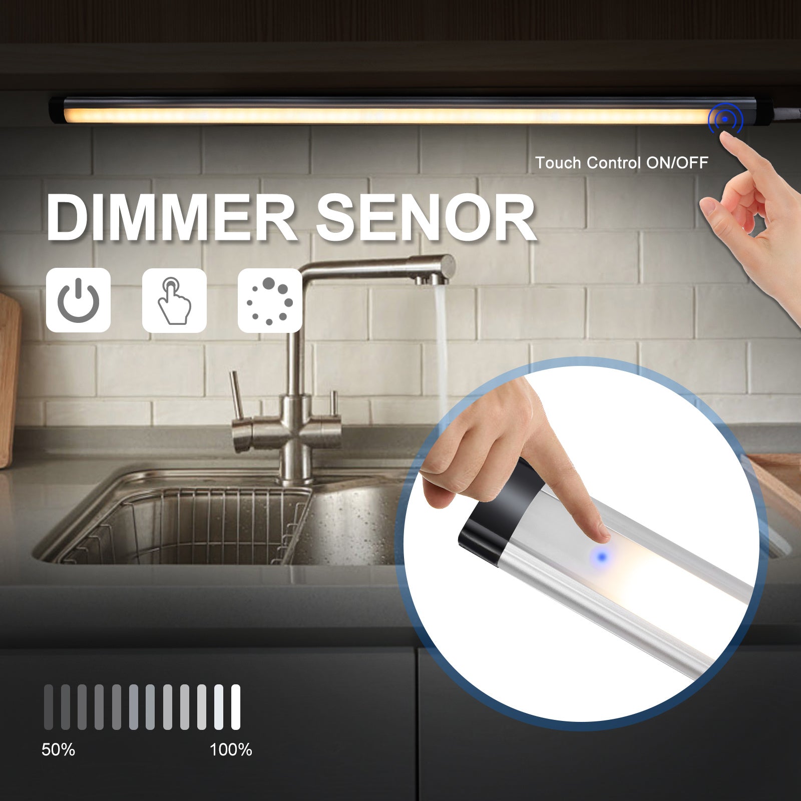 SEARMOR LED Touch Activated Under Cabinet Lighting, Dimmable Under Counter Light Bar Plug-in, USB Powered, 5W 3000K-6000K, Led Light Bar for Kitchen, Cupboard, Shelf, Closet