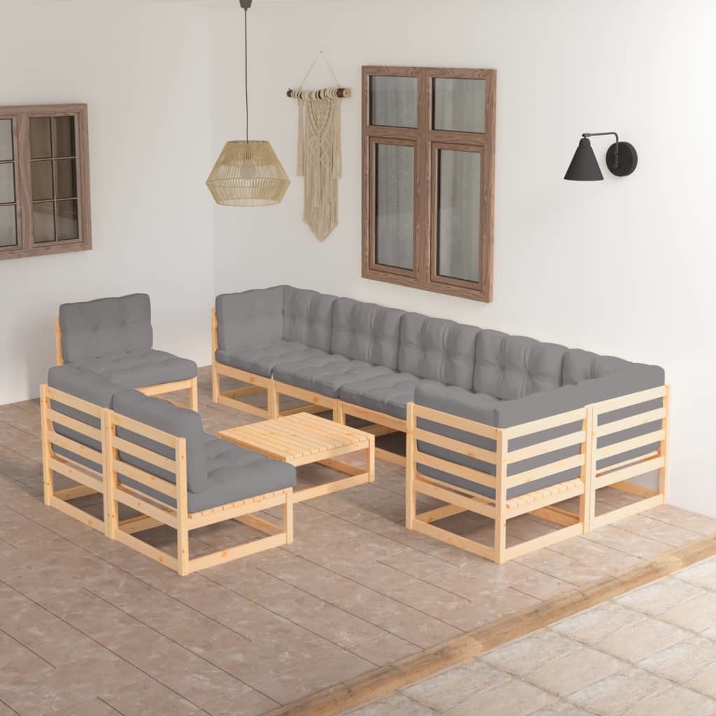 10 Piece Patio Lounge Set with Cushions Solid Pinewood