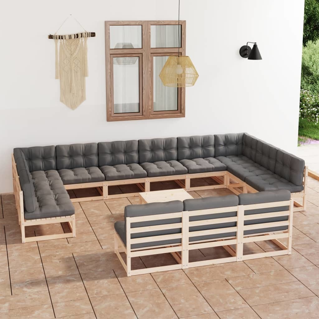 14 Piece Patio Lounge Set with Cushions Solid Pinewood