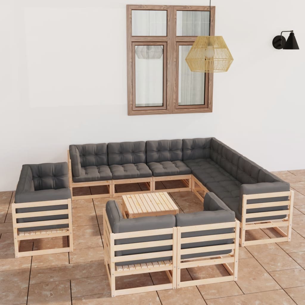 12 Piece Patio Lounge Set with Cushions Solid Wood Pine