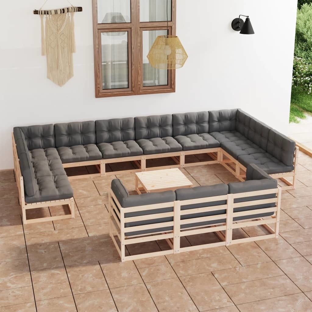 14 Piece Patio Lounge Set with Cushions Solid Wood Pine