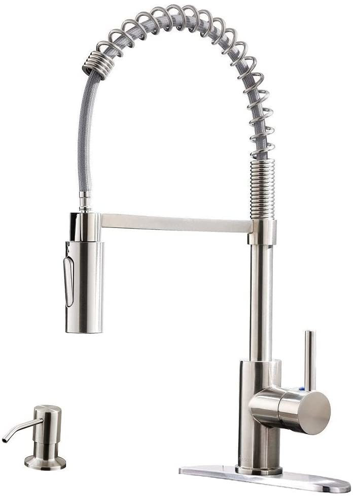 APPASO Commercial Kitchen Faucet Pull Down Sprayer with Soap Dispenser - Stainless Steel High Arc Tall Modern Single Handle Spring Kitchen Sink Faucet with Pull Out Spray