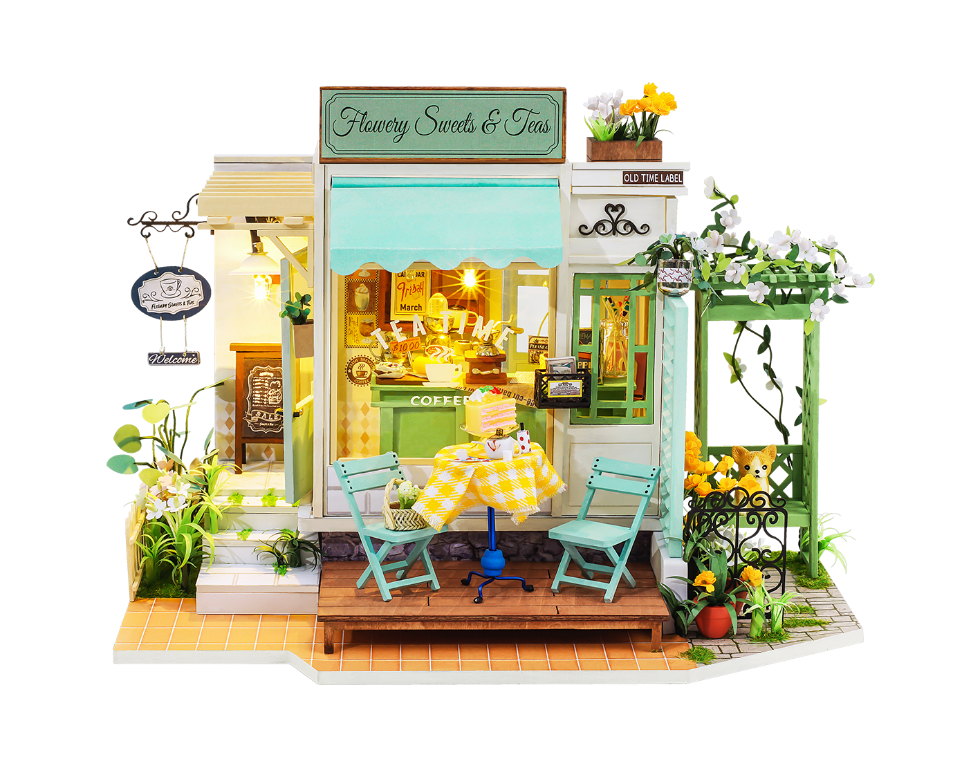 obotime Rolife DIY Wooden Miniature Dollhouse Flowery Sweets Teas Handmade Doll House Light Music Bar With Furnitures Toys Gift