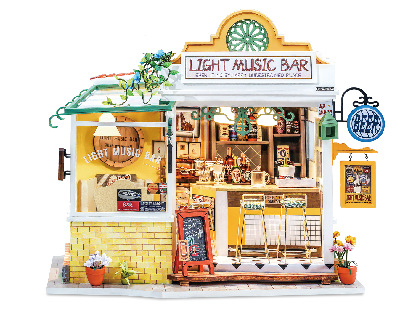 obotime Rolife DIY Wooden Miniature Dollhouse Flowery Sweets Teas Handmade Doll House Light Music Bar With Furnitures Toys Gift