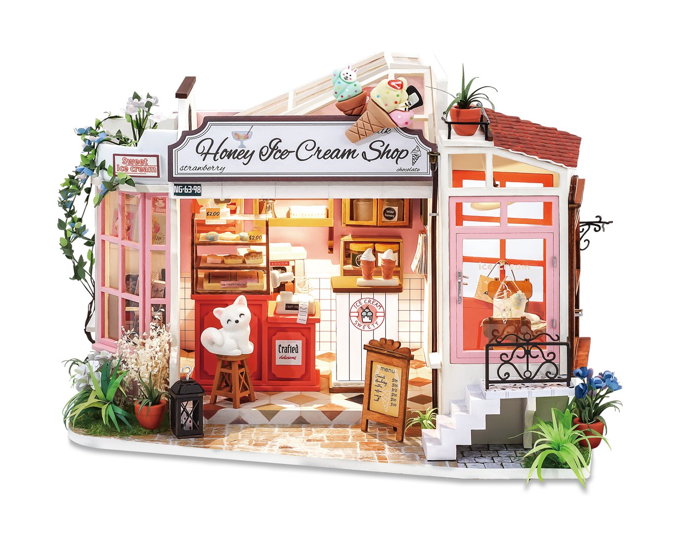 obotime Rolife DIY Wooden Miniature Dollhouse Flowery Sweets Teas Handmade Doll House Light Music Bar With Furnitures Toys Gift