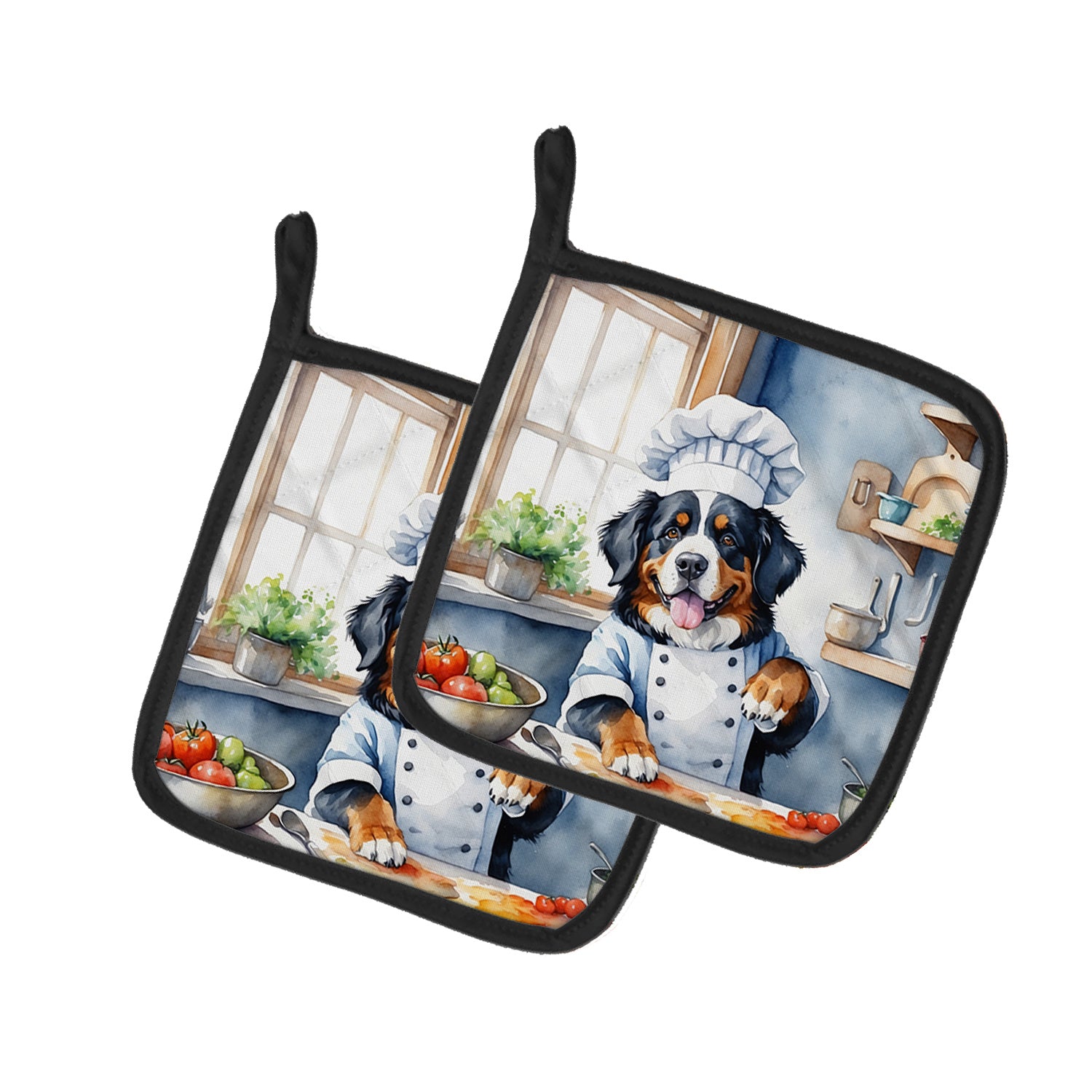 Bernese Mountain Dog The Chef Pair of Pot Holders Kitchen Heat Resistant Pot Holders Sets Oven Hot Pads for Cooking Baking BBQ, 7 1/2 x 7 1/2