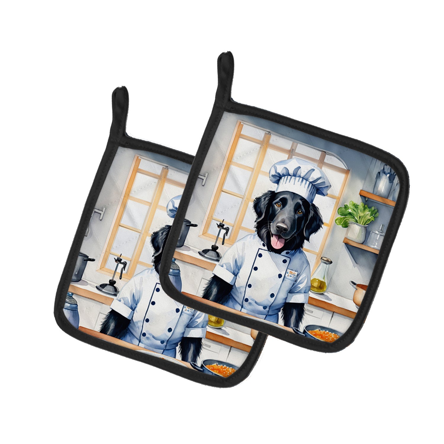 Flat-Coated Retriever The Chef Pair of Pot Holders Kitchen Heat Resistant Pot Holders Sets Oven Hot Pads for Cooking Baking BBQ, 7 1/2 x 7 1/2