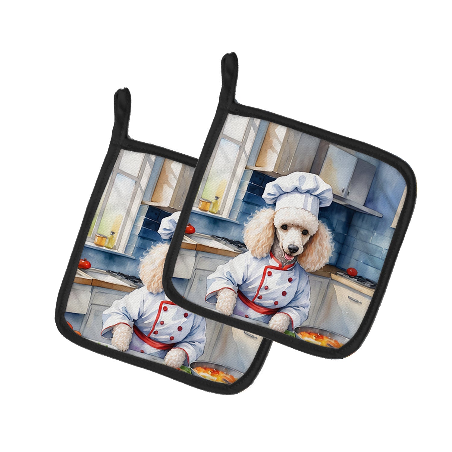 White Poodle The Chef Pair of Pot Holders Kitchen Heat Resistant Pot Holders Sets Oven Hot Pads for Cooking Baking BBQ, 7 1/2 x 7 1/2