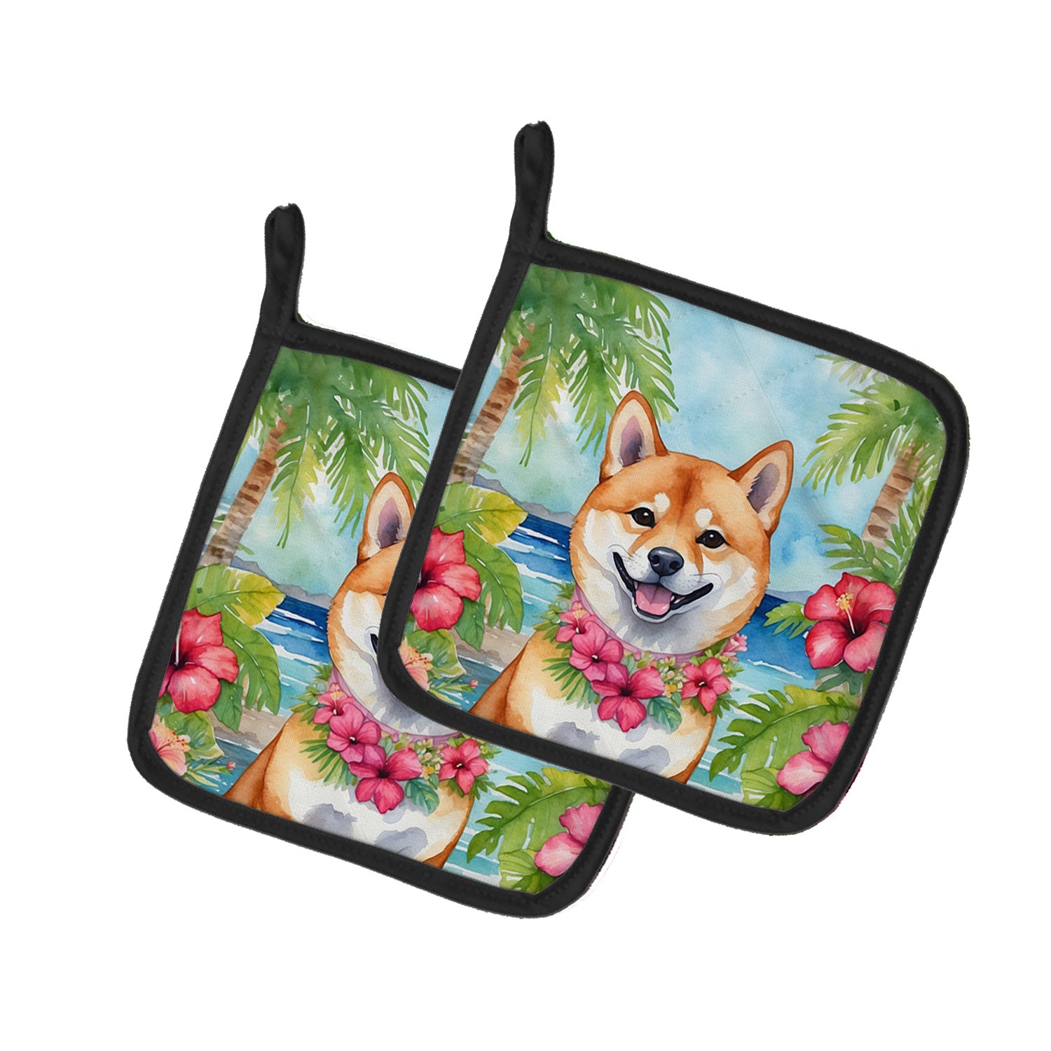 Shiba Inu Luau Pair of Pot Holders Kitchen Heat Resistant Pot Holders Sets Oven Hot Pads for Cooking Baking BBQ, 7 1/2 x 7 1/2